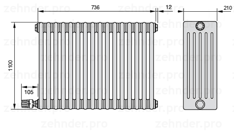Схема (чертеж) Радиатор Zehnder Charleston 6110/16 №V003 Белый глянцевый RAL 9016